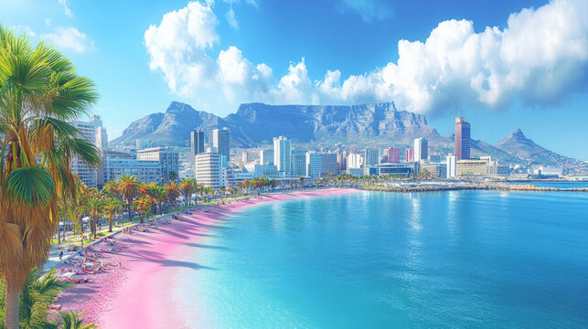 Bright sun highlights the stunning coastline, featuring a sandy beach, palm trees, and the iconic Table Mountain in the background, creating a picturesque landscape