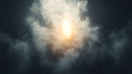 A bright light emerges through dark, swirling clouds, creating a dramatic atmosphere.