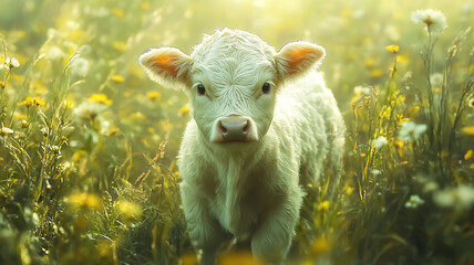 Fototapeta premium Tiny scottish cow in agricultural field