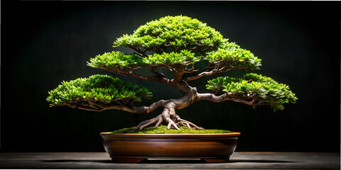Beautiful bonsai tree in a decorative pot surrounded by lush greenery on a black background showcasing its intricate details