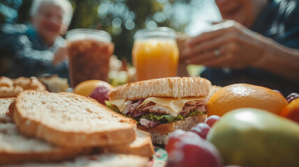 A close-up of different generations of a family, from grandparents to grandchildren, enjoying sandwiches and fruits together on a picnic blanket
