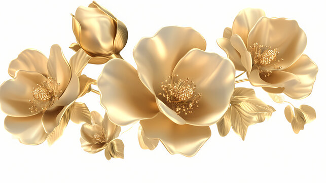 3d gold flowers png on transparent background. Blossom. Illustration