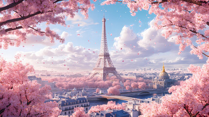3d paris with cherry blossom. Blossom. Illustration