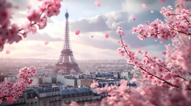 3d paris with cherry blossom. Blossom. Illustration
