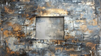 A modern abstract painting with metallic textures, with a mockup at the center of the wall. full ultra hd, high resolution