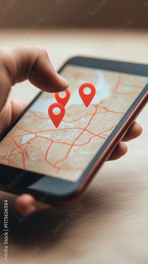 Poster Close up of a hand interacting with a smartphone displaying a map with location pins, indicating the use of a navigation app for travel or route planning