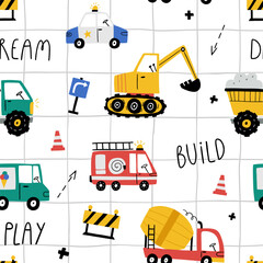 Seamless vector pattern with cute cars - Truck, police car, fire engine truck, excavator. Drawing for children's textiles with cars and vehicles for boys. Kids car background. Scandinavian style