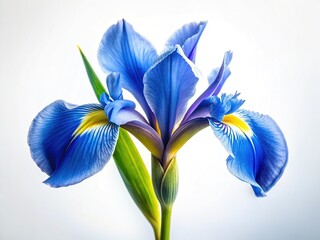 Close-up of a delicate blue iris branch.  White background. Photography.