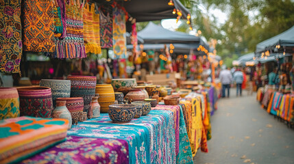 A close-up of traditional handmade crafts displayed at a local festival, such as pottery, textiles, and jewelry, with festival decorations in the background