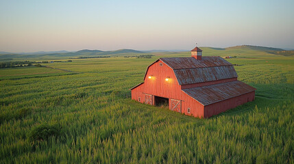 Red barn lit at sunrise in a green field with hills, farm in background, agricultural or rural theme