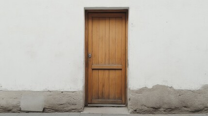 Fototapeta premium Simple wooden door on a white wall.