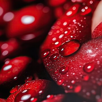 Close-up of red objects with droplets, showcasing texture and detail.