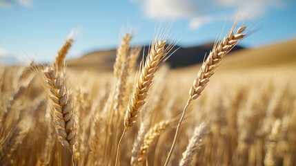 Fototapeta premium Sunlit golden wheat sways in the breeze under a vast, clear blue sky, capturing a serene countryside moment of natural beauty and tranquility.