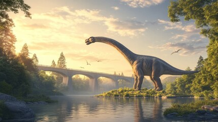 Prehistoric Sauropod dinosaur by a river at sunrise.