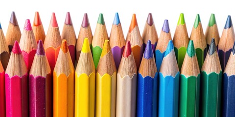 Close-up view of colorful pencils, highly detailed, against a plain background.