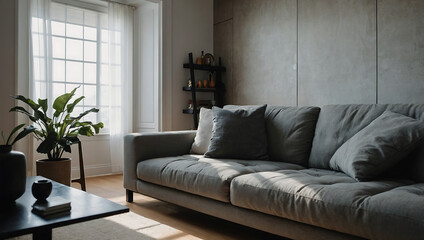 Fototapeta premium Living Room Interior with Gray Sofa, Plant, and Shelf