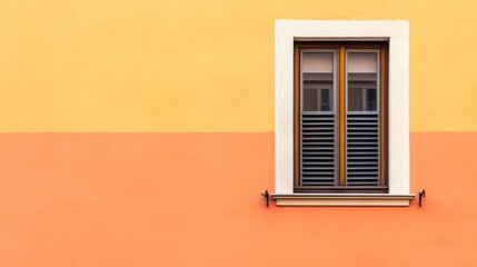 Single window with shutters on a two-toned orange wall.