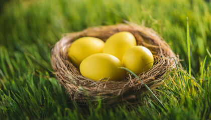 Obraz premium Yellow eggs in nest on green grass. Happy Easter. Holiday celebration.