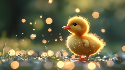 Adorable fluffy yellow duckling standing in grass, illuminated by sunlight and water droplets.