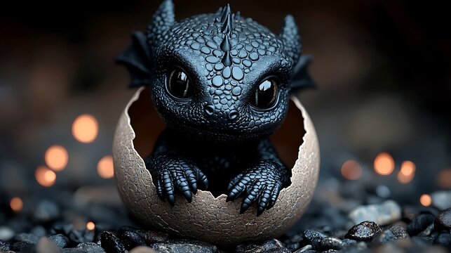 Adorable baby black dragon hatching from egg.