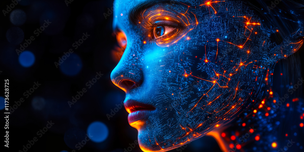 Poster artificial intelligence face with digital circuit patterns in futuristic setting
