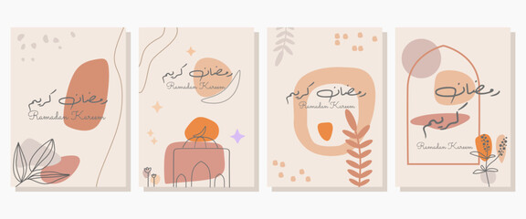 Set of Ramadan Kareem greetings with arabic calligraphy in boho style and florals element. Minimalist Islamic design for background, greeting card, cover, print, etc. Vector illustration