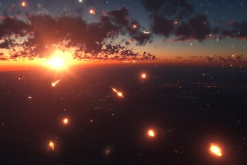 Fototapeta premium A dramatic sunset view with fiery particles in the sky, evoking a sense of wonder.