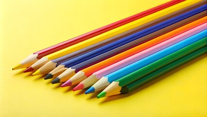 Fototapeta premium Colorful collection of colored pencils arranged neatly on a bright yellow background ready for art projects