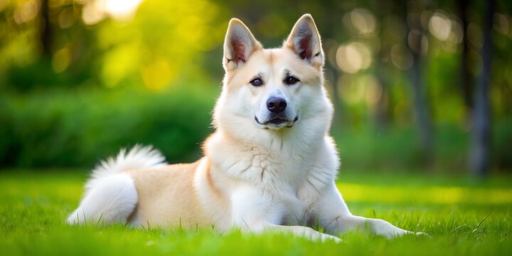 Norwegian Buhund lies gracefully on lush green lawn during a sunny day in a serene outdoor environment norwegian buhund, dog, green lawn, outdoor, nature, pet, resting