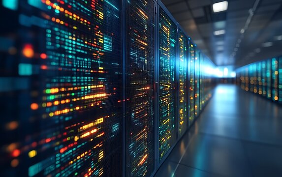 Illuminated server room with data processing.