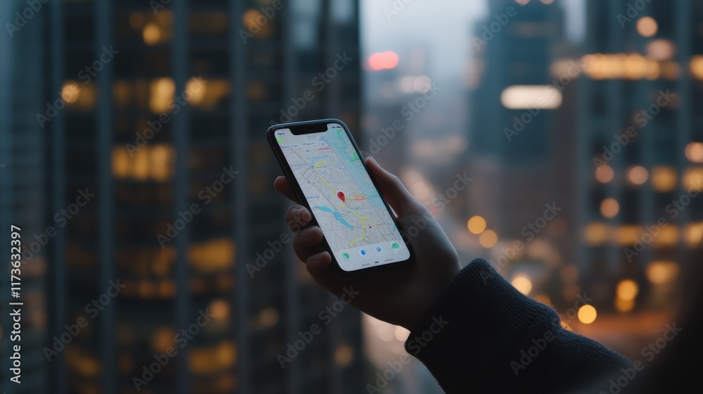 Poster Tourist is holding smartphone displaying navigation map app with marked location pin against blurred cityscape background at dusk, exploring new destinations with mobile technology