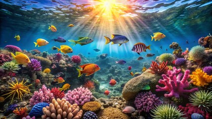 Obraz premium Vibrant Tropical Fish Swimming on a Lush Coral Reef Panoramic