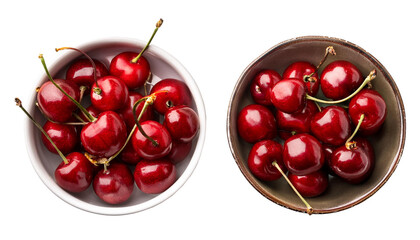 two bowl of fresh red cherries fruit on transparent background, flat lay, top view