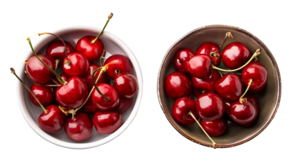 two bowl of fresh red cherries fruit on transparent background, flat lay, top view