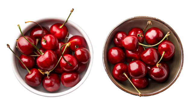 two bowl of fresh red cherries fruit on transparent background, flat lay, top view