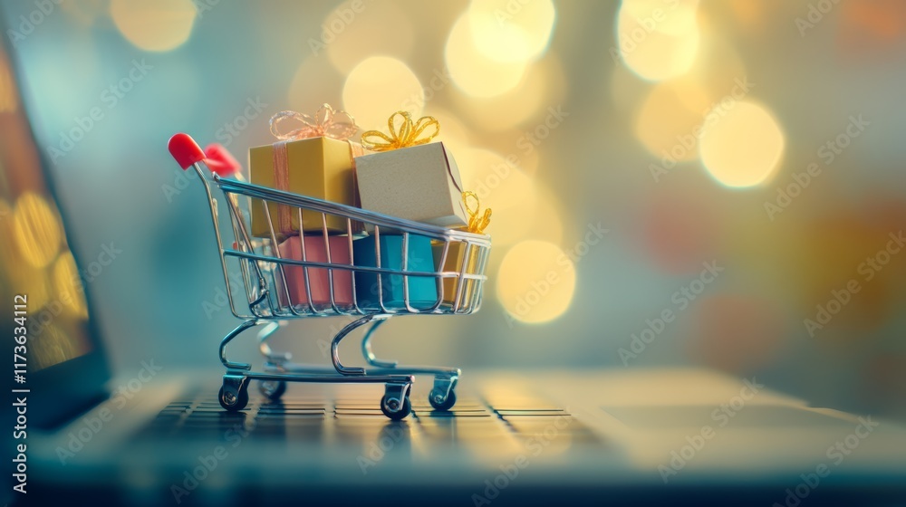 Poster miniature shopping cart full of colorful gift boxes is standing on a laptop keyboard suggesting the 