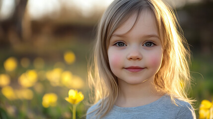Adorable little girl in a spring meadow with yellow flowers