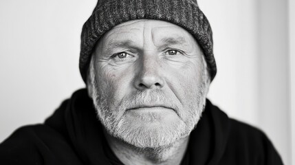 A contemplative elderly man in a beanie gazes forward, his expression captured in rich monochrome, conveying a lifetime of stories and wisdom.
