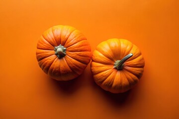 High-angle drone view of pumpkins against an orange fall background.