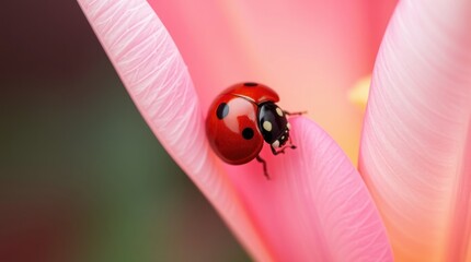 Ladybug resting gently on a pink tulip petal