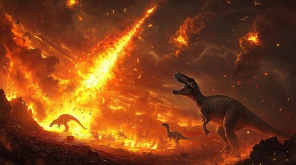 The extinction of dinosaurs due to a meteor impact, with a fiery sky and fleeing dinosaurs, depicting the cataclysmic event that ended the reign of prehistoric giants. 