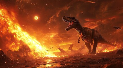 The extinction of dinosaurs due to a meteor impact, with a fiery sky and fleeing dinosaurs, depicting the cataclysmic event that ended the reign of prehistoric giants. 