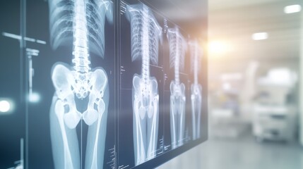 Multiple radiographic images of the pelvis and spine are displayed on a modern medical monitor, providing detailed skeletal views for diagnosis and treatment in a bright hospital environment