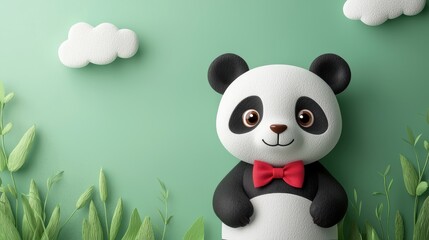 Naklejka premium Cute Cartoon Panda with Brown Eyes and Red Bowtie on Green Background