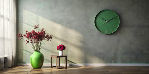 Naklejka premium Bright and serene living space featuring a green clock and vibrant flower arrangements