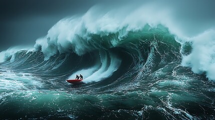Two people in a small red boat navigate a massive, powerful ocean wave.