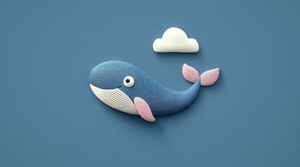 Cartoon Blue Whale with White Eyes and Pink Fin on Blue Background