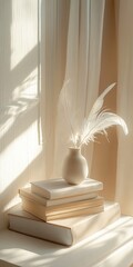 Fototapeta premium Minimalist still life with books, a vase, and feathers in soft natural light.