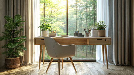 Obraz premium Home office desk by sunny forest window with plants