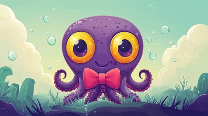 Fototapeta premium Cute Purple Octopus with Yellow Eyes and Red Bowtie Illustration
